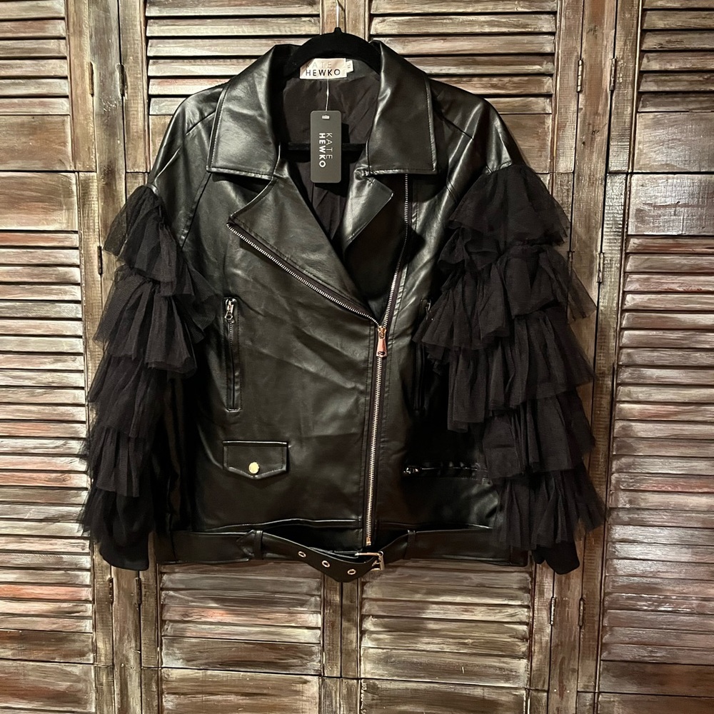 Kate Hewko Brand New Tiered Tulle sleeved Moto Jacket XL